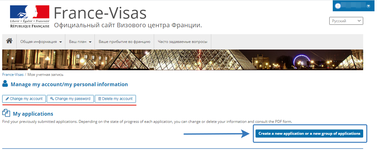 Скриншот создания новой анкеты на визу